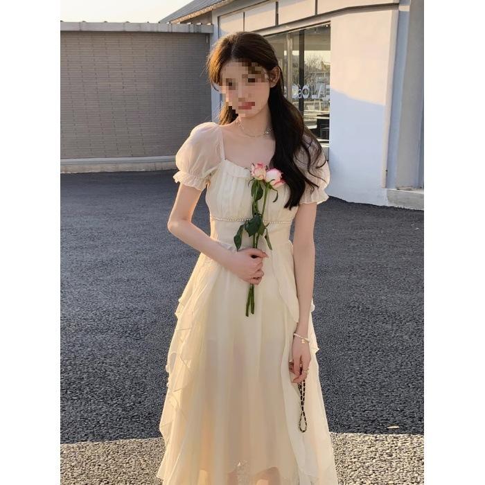 French square collar sweet and gentle fairy style dress women's summer new women's clothing waist thin medium and long skirt