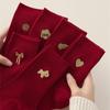 Women's Year of the Horse Red Zodiac Socks, Mid-Calf, Double Needle, Striped, Autumn/Winter.