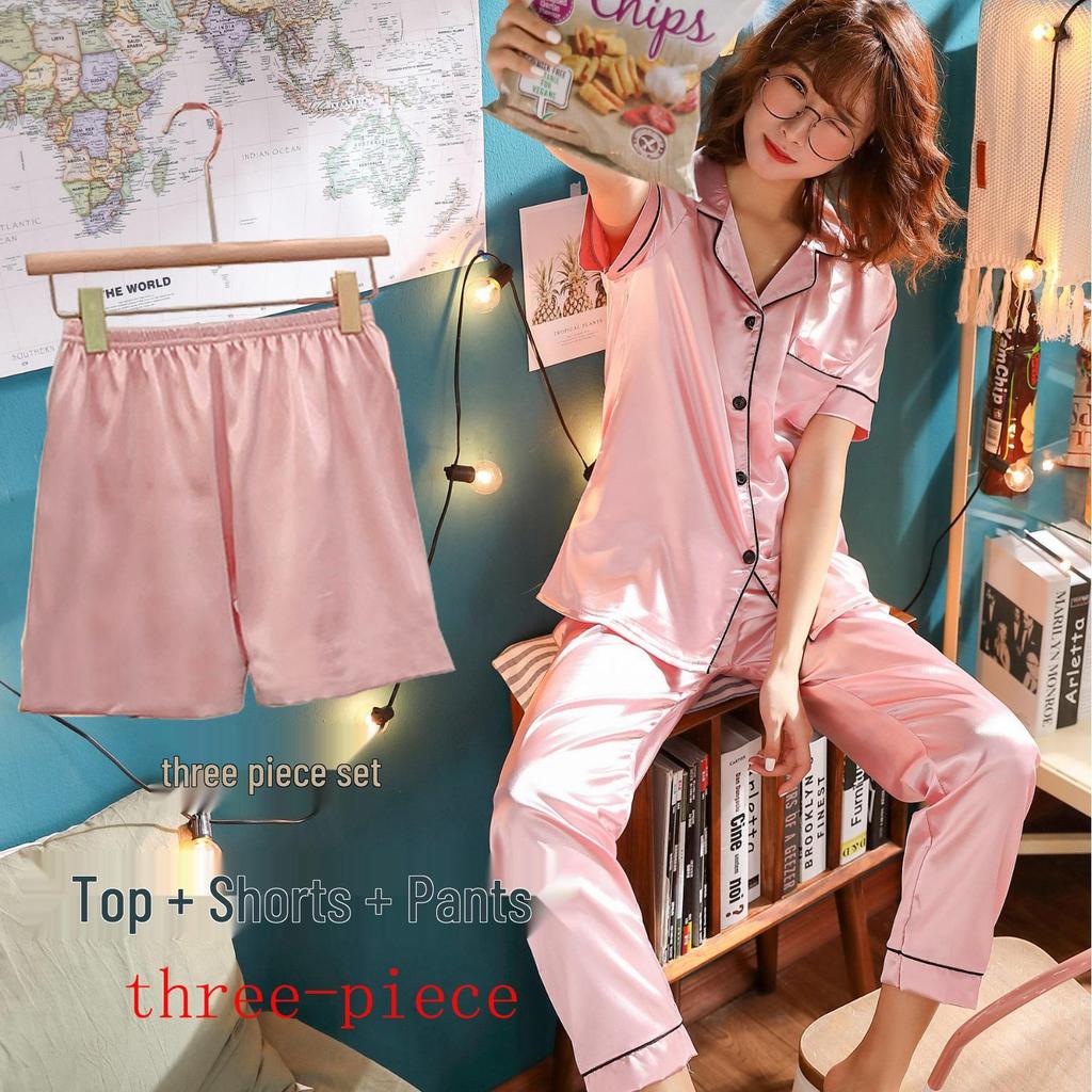 Women's Short Sleeve Faux Silk Ice Silk Pajama Set with Lapel - European Size