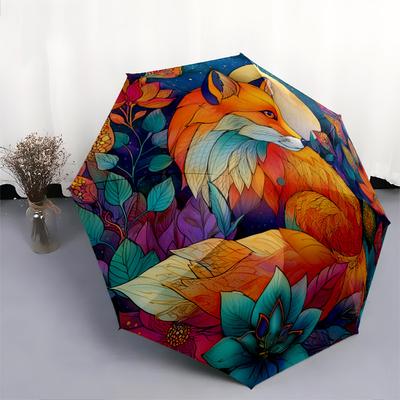 0106 Blätterfuchs-Muster, automatischer Klappschirm, tragbares und faltbares Design, 8 Schirmstäbe, ein Weihnachts- oder Geburtstagsgeschenk.