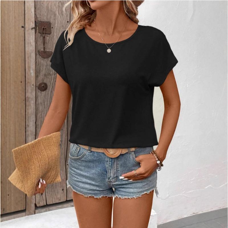 Summer Back Lace Splicing Short Sleeved T-shirt O Neck Loose Office Blouse Women Sweet Hollow Out Solid Color Tops Female Elegant Simple Shirts
