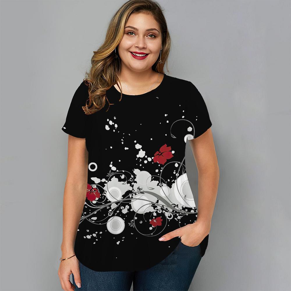 Summer Round Neck Floral Graphic 3D Print Top Fashionable Casual Short Sleeved Plus Size Women's T-shirts
