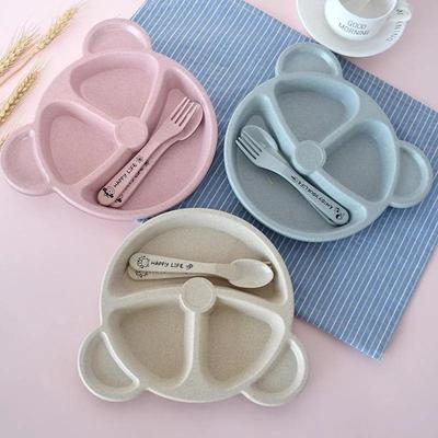 Juegos de Cuenco y Cuchara Tenedor para Bebé Vajilla para Alimentar Oso de Dibujos Animados Platos para Niños Juego de Vajilla para Comer Bebé Platos de Entrenamiento Anticalor