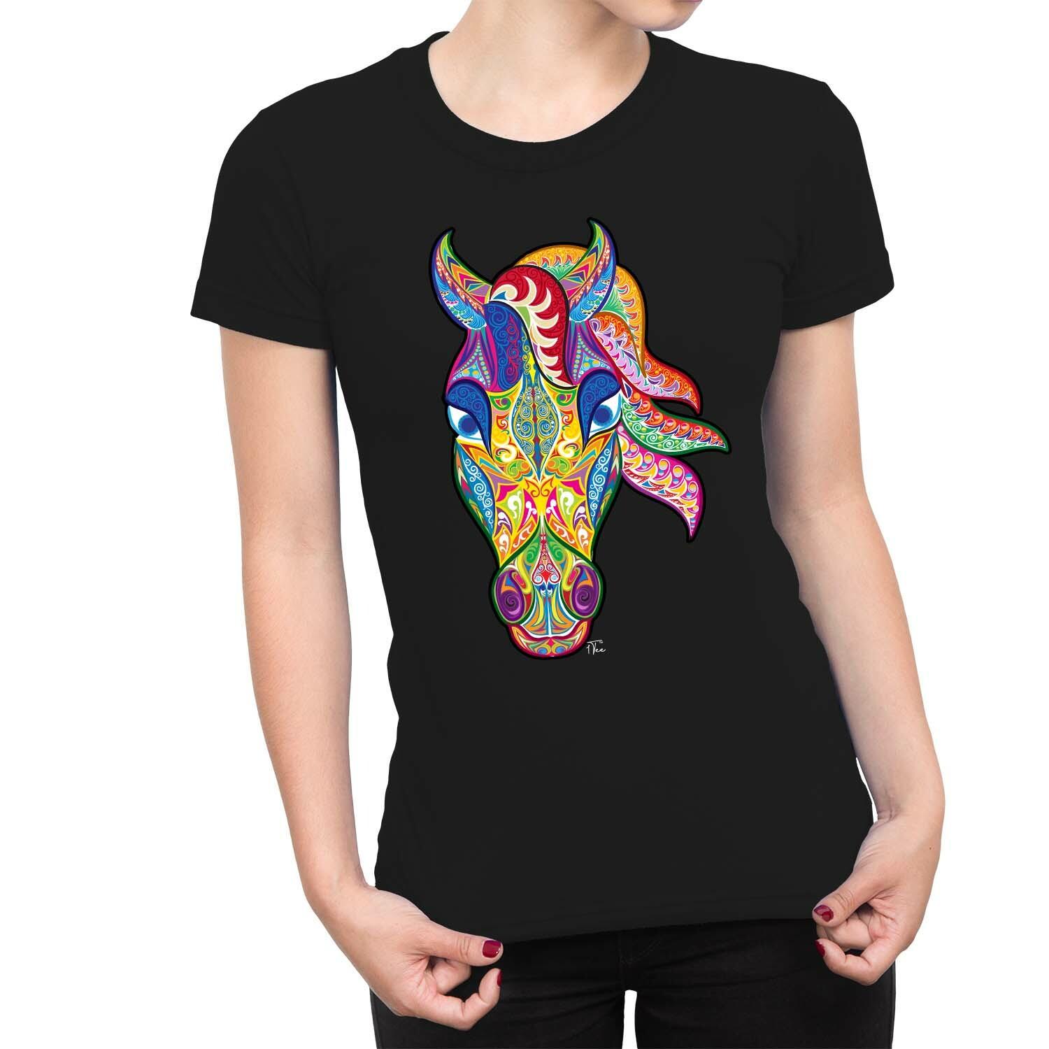 1Tee Womens Abstract Horse Head Colourful T-Shirt L