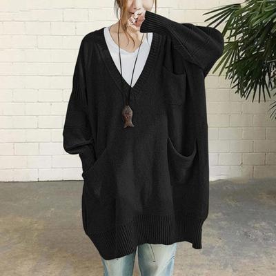 Women Sweater V-Neck Long Sleeve Sweater with Pockets Solid Color Loose Fit Long Hem Knitting Tops Autumn Winter Wear