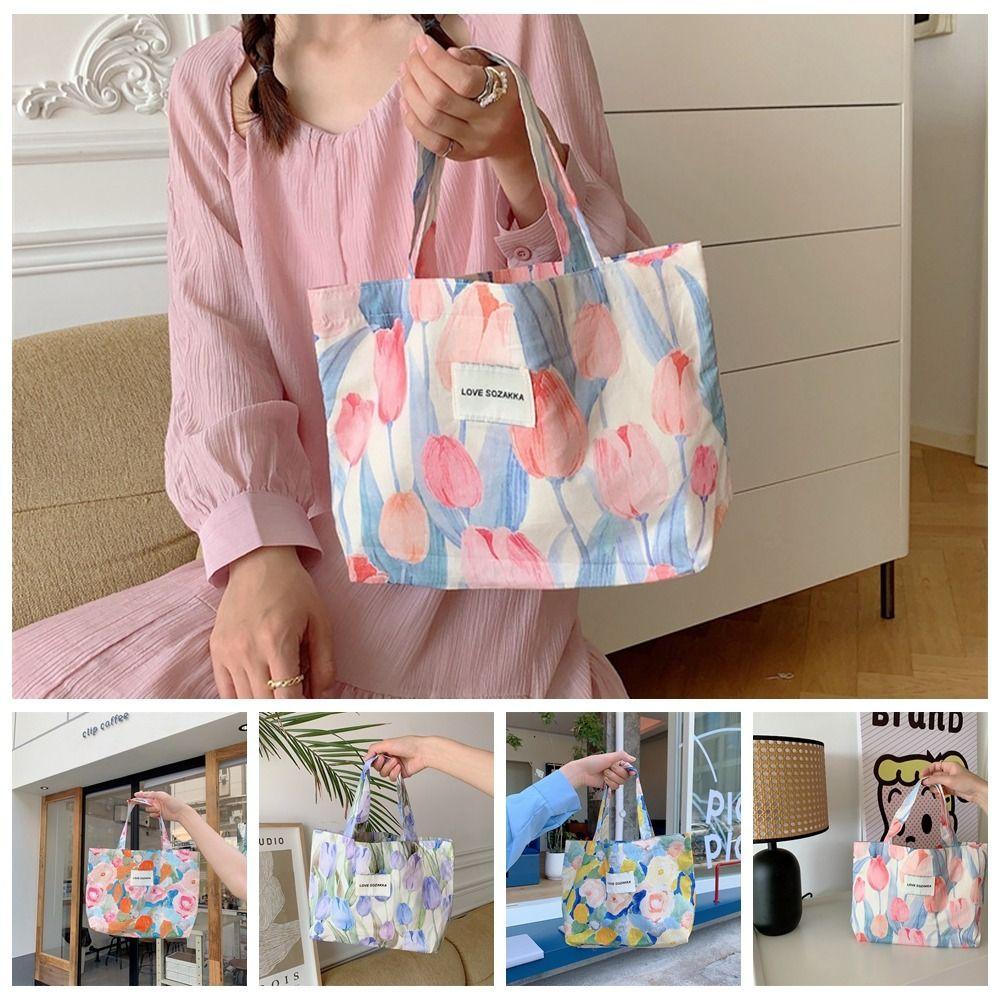 

Oil Painting Floral Canvas Tote Bag Ins Style Casual Lady