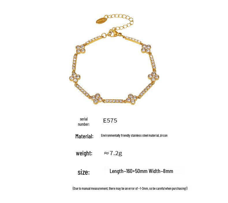 Qiong Yao Stainless Steel Four-Leaf Clover Zircon Bracelet with PVD Gold Coating