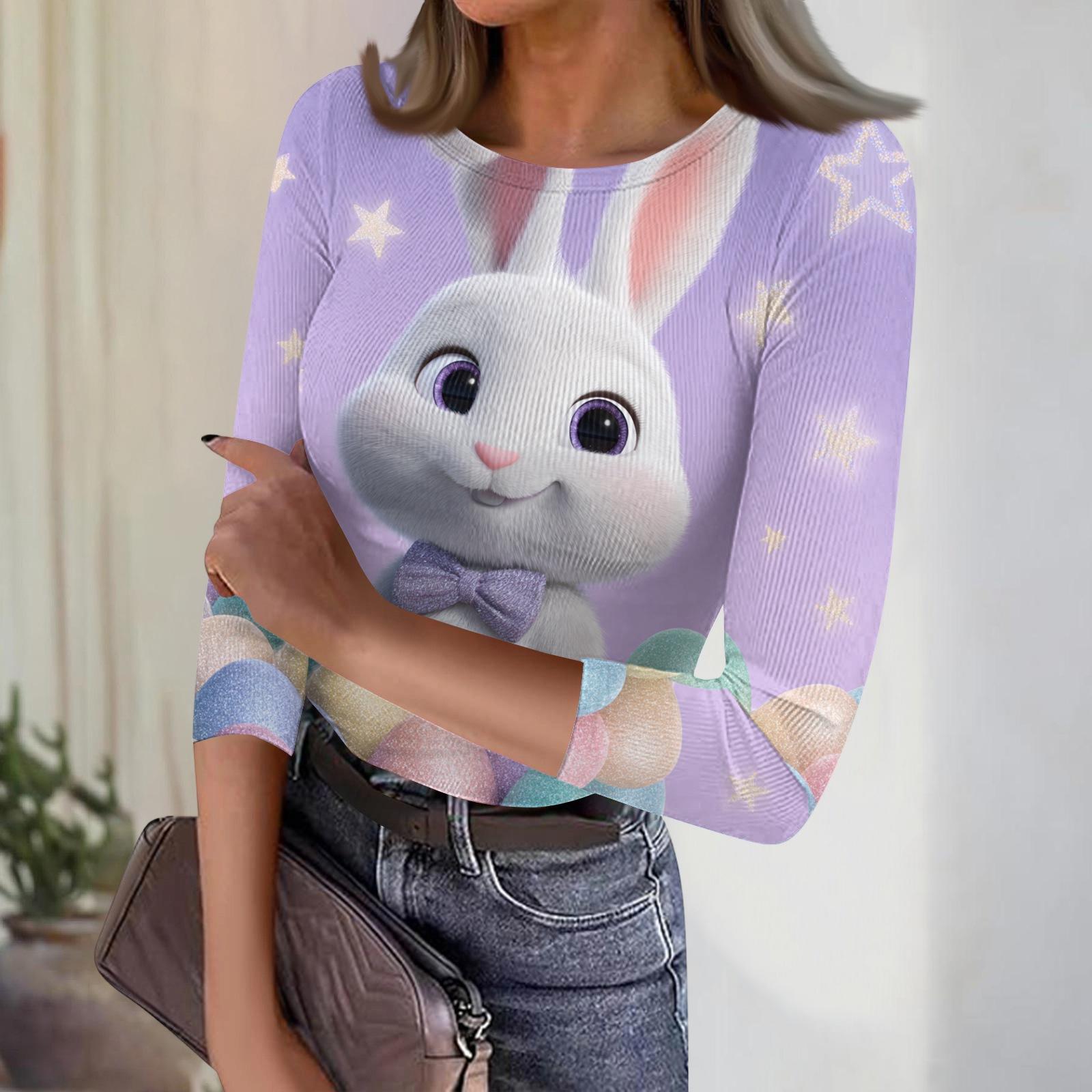 

Women s Casual Fashion Round Neck Easter Print Three-Quarter Sleeve Ribbed Top S фиолетовый