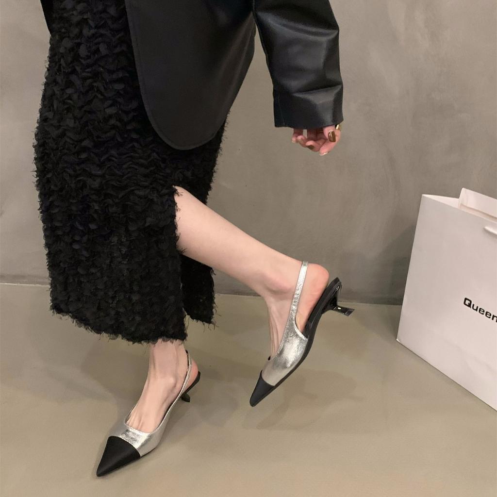 French silver temperament bag head sandals fairy shoes 2025 new spring and summer pointed high-heeled small fragrant single shoes