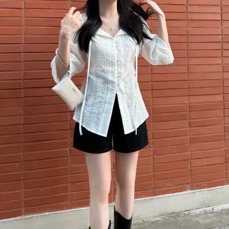 Korean Series Chic Chic Top Women Autumn French Sle Gentle Sweet Temperament Lapel Lace-up Waist Hugging Slimming Long Sleeve