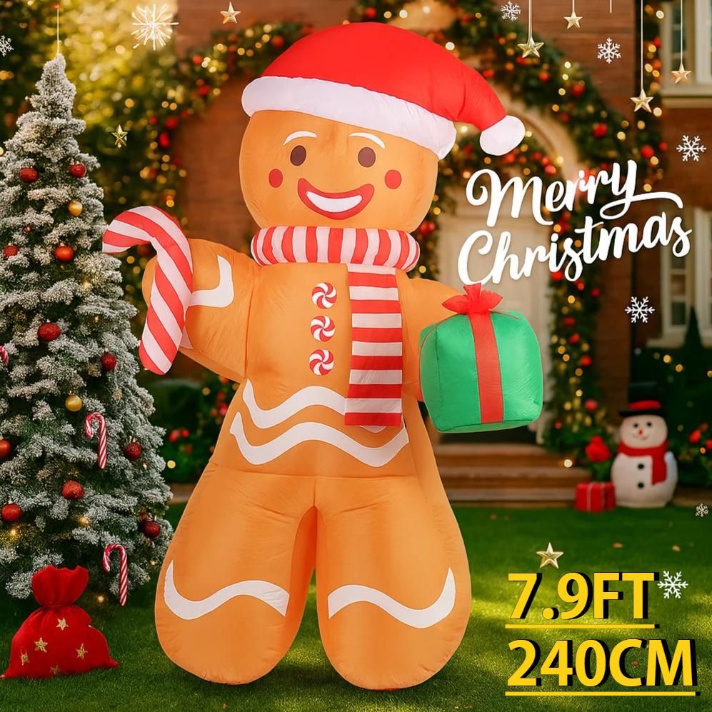 7.9FT LED Light Inflatable Yard Decor Gingerbread Man Candy Cane Gift Box Xmas Toy Supplie Home Ornament Christma Holiday Gift