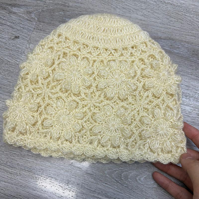 Handmade flower bag head hat female face small literary versatile pile hat winter cold warm knitted wool hat
