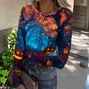 Women's Casual Fashion Long Sleeve Ribbed Top Halloween Print Round Neck Slim Fit Stretchy Knit Shirt