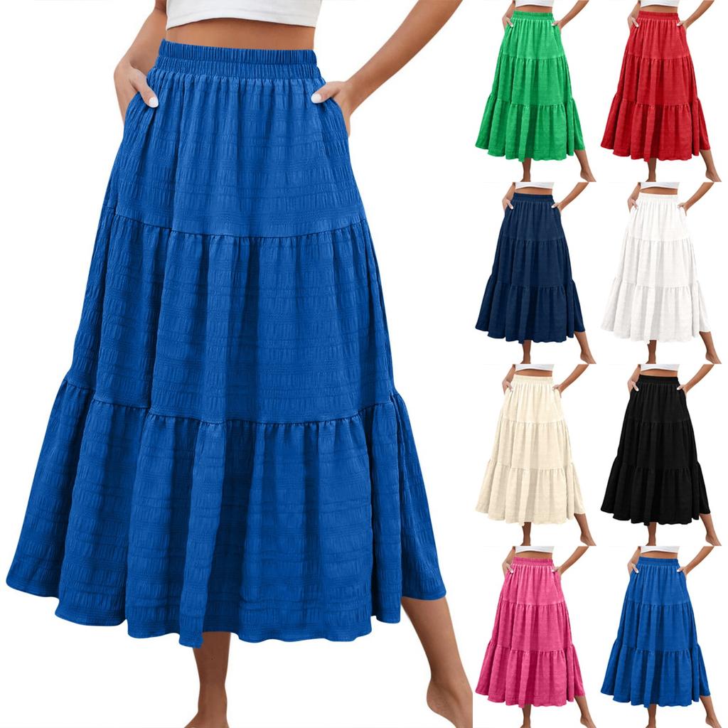Women's Fashion Summer Bohemian Solid Color Elastic Waist A-line Pocket Half Length Skirt