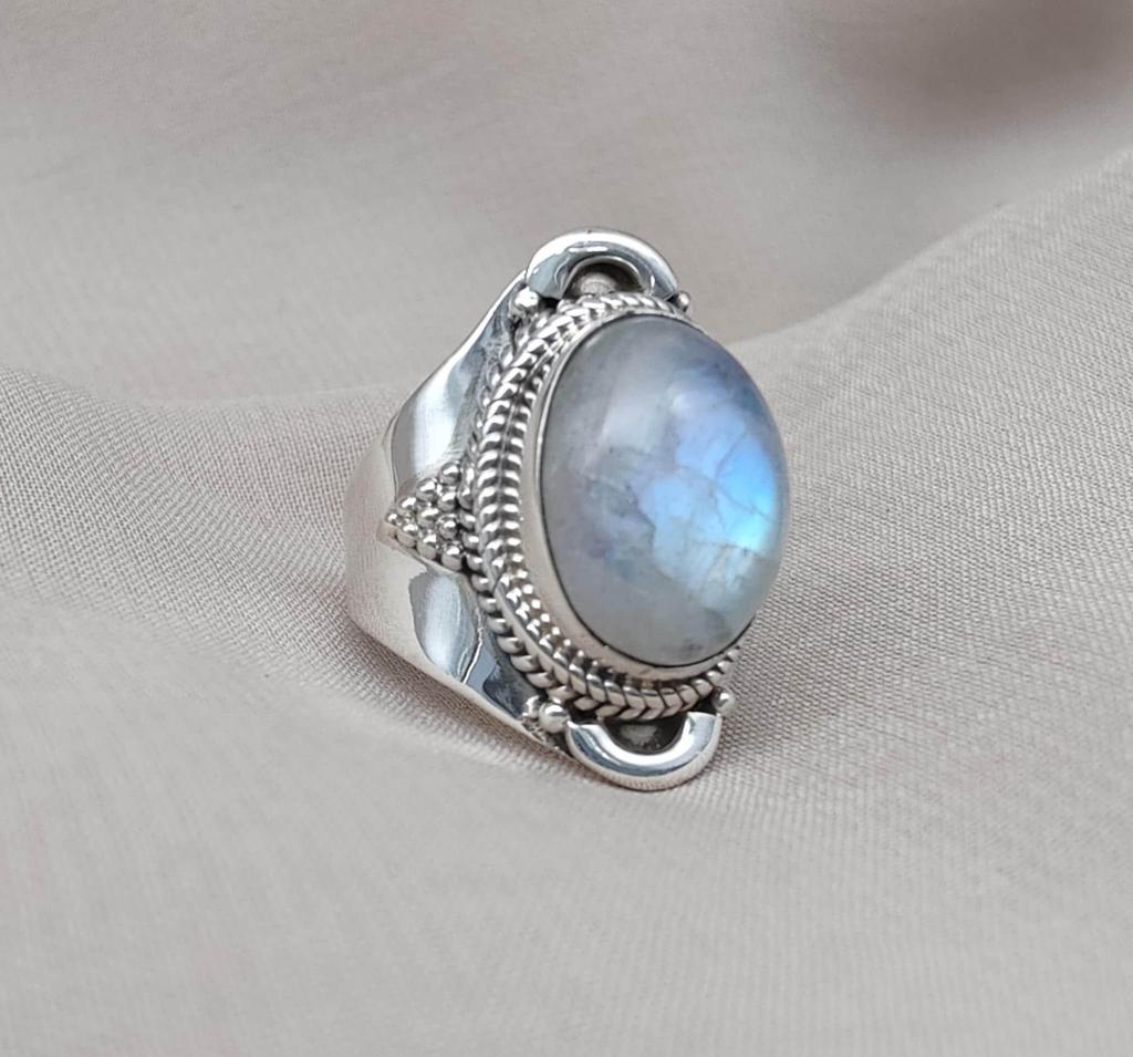 Rainbow Moonstone Ring: Sterling Silver Statement Jewelry, Artisan Boho Design