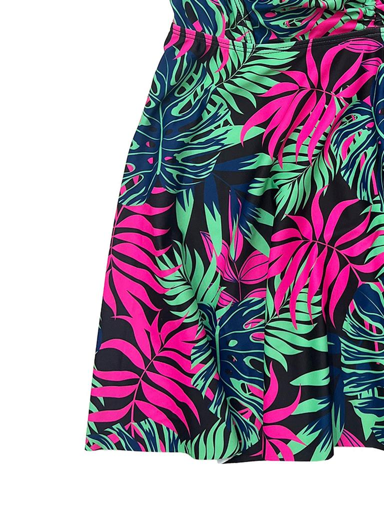 2026 European & American Plus Size Floral Leaf Print Two-Piece Conservative Boyleg Swimsuit for Women