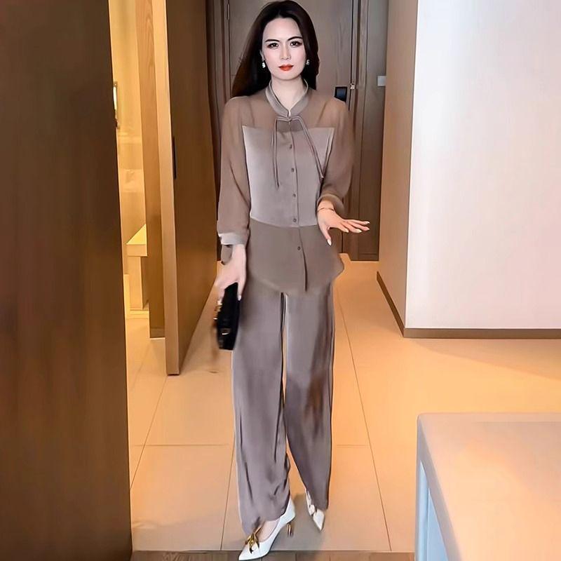 2025 Summer Women's Chic Two-Piece: Frog Button Shirt & Wide-Leg Pants