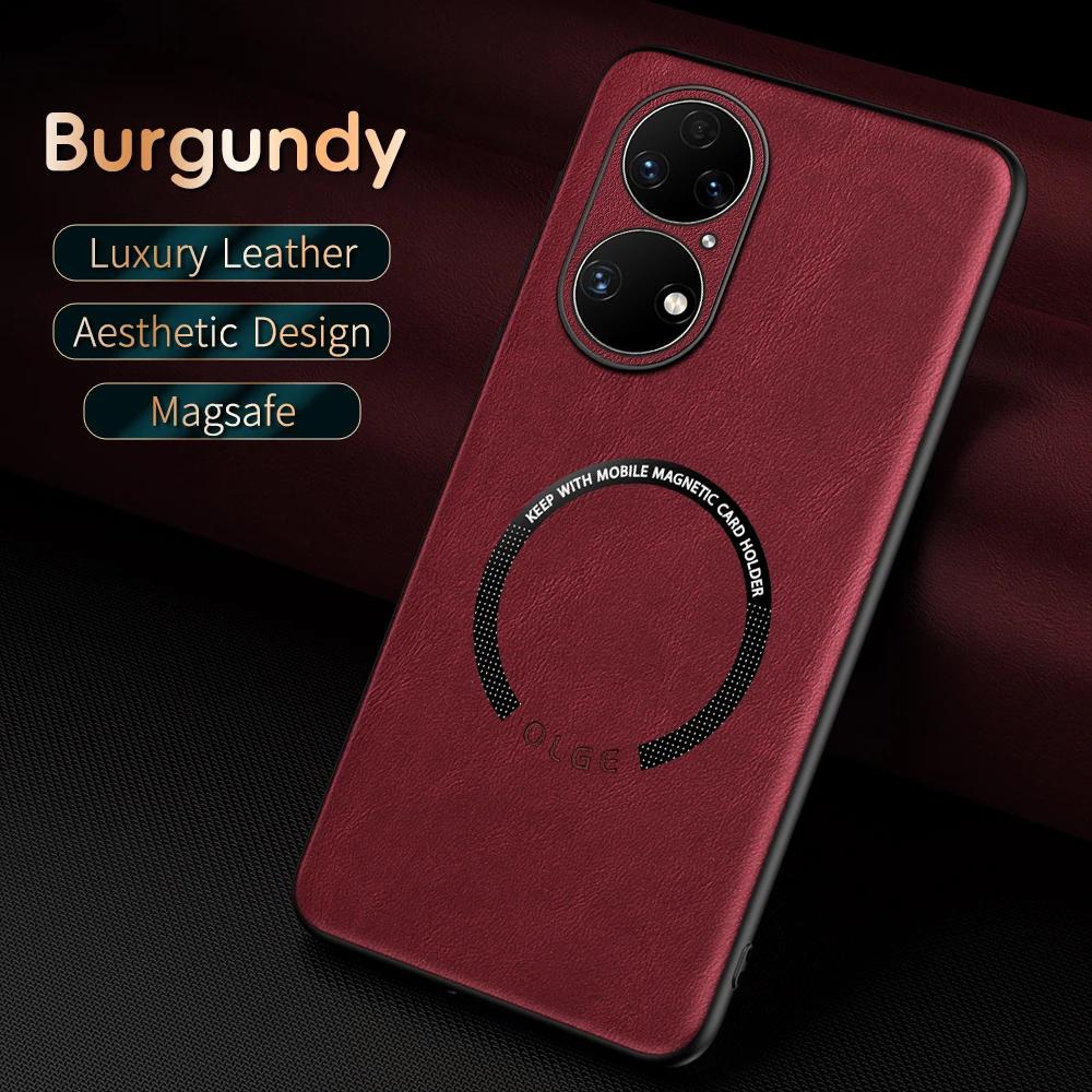 For Huawei P50 P50 Pro P50E Fine-Hole PU Cow Pattern Leather Outer Magnetic Ring Soft Edge Anti-Drop Phone Case