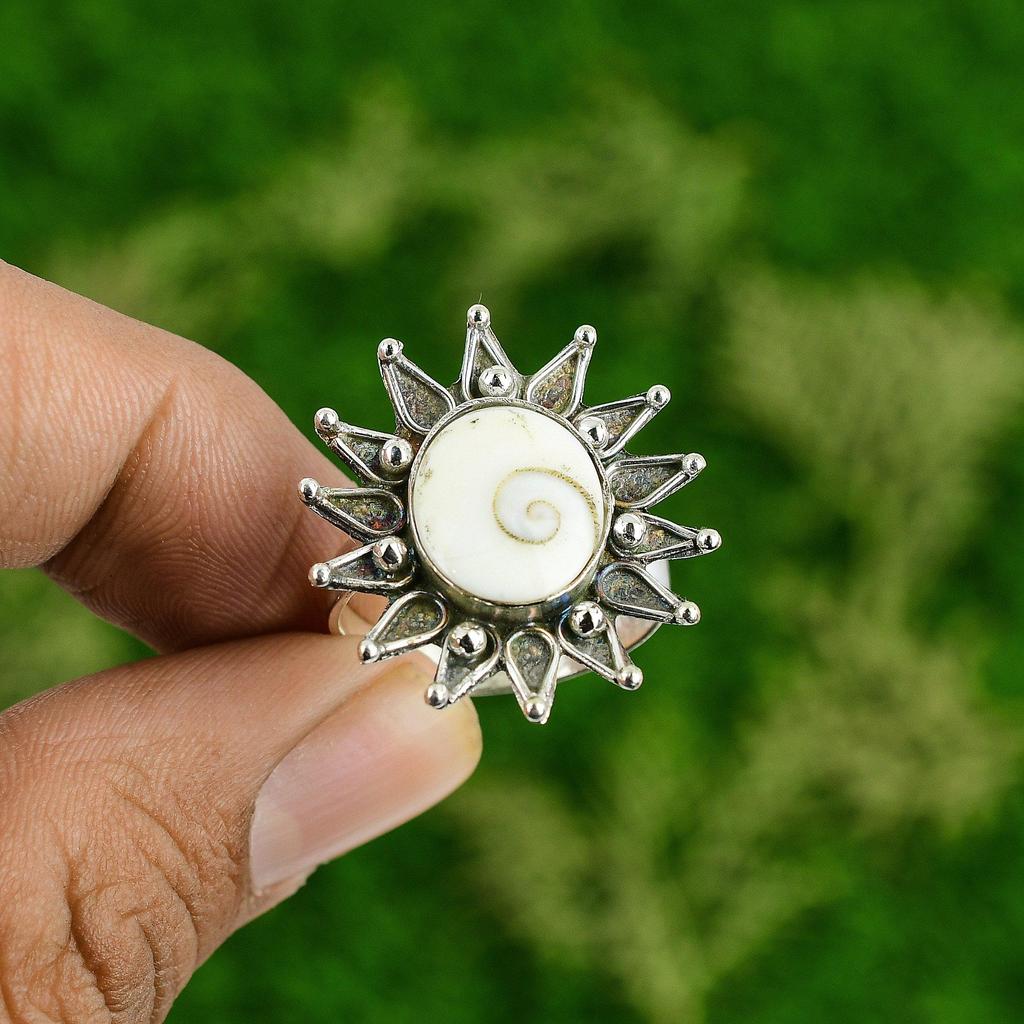 Sterling Silver Shiva Eye Shell Stone Flower Engagement Stackable Ring Jewelry