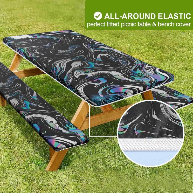 Waterproof Camping Tablecloth Set With Elastic Edge Drawstring Floral Print Rectangle Table Cover Outdoor Picnic BBQ