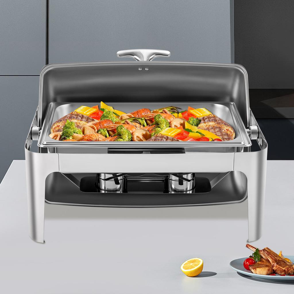 Roll Top Square Chafing Dish, Single Compartment 9L Buffet Server, 64x46x44cm Stainless Steel Food Warmer, Catering Supplies