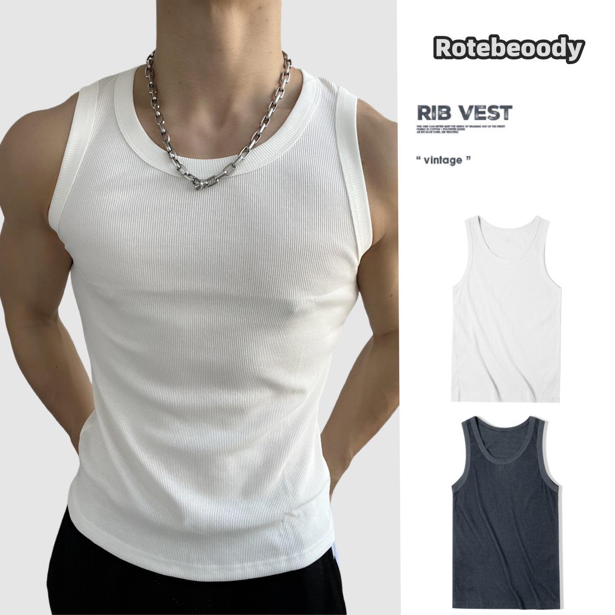 Men's Retro Slim Fit Sleeveless Cotton Tank Top - Summer Fitness Ribbed Undershirt cm dark gray