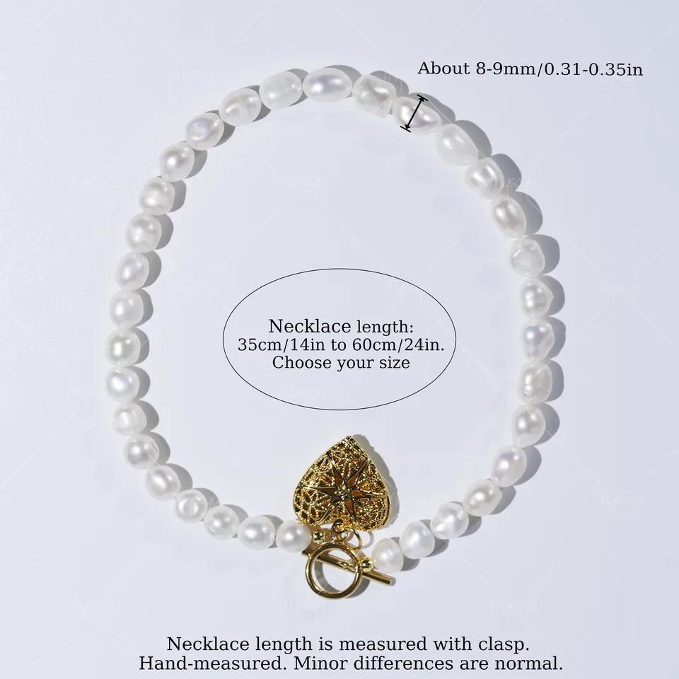 MYSOYA White Baroque Freshwater Pearl Necklace with Gold Heart Pendant 8-9mm C565 14in