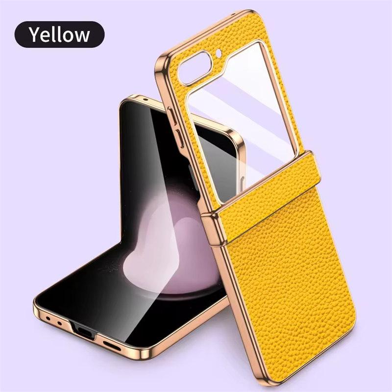 Telefonveske av okseskinn til Samsung Galaxy Z Flip6 Flip5 Flip 6 5 ZFlip5 Luksus hengselbeskyttelsesdeksel med herdet glass