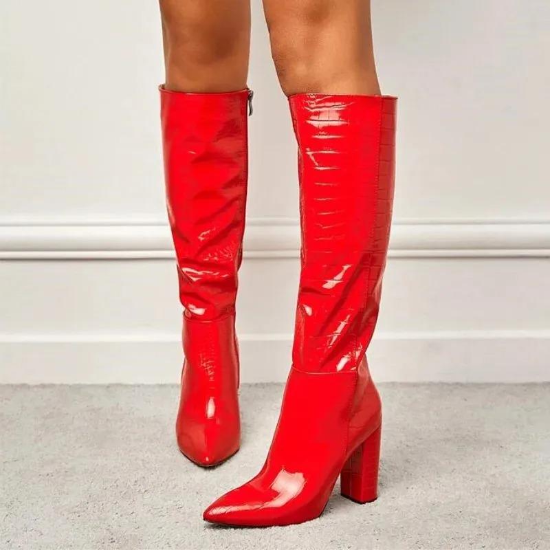 Fashion Charming Red Crocodile Pattern Leather Knee High Boots Women Fashion Pointed Toe Side Zip Designer Boot Sexy Party Stripper Shoe