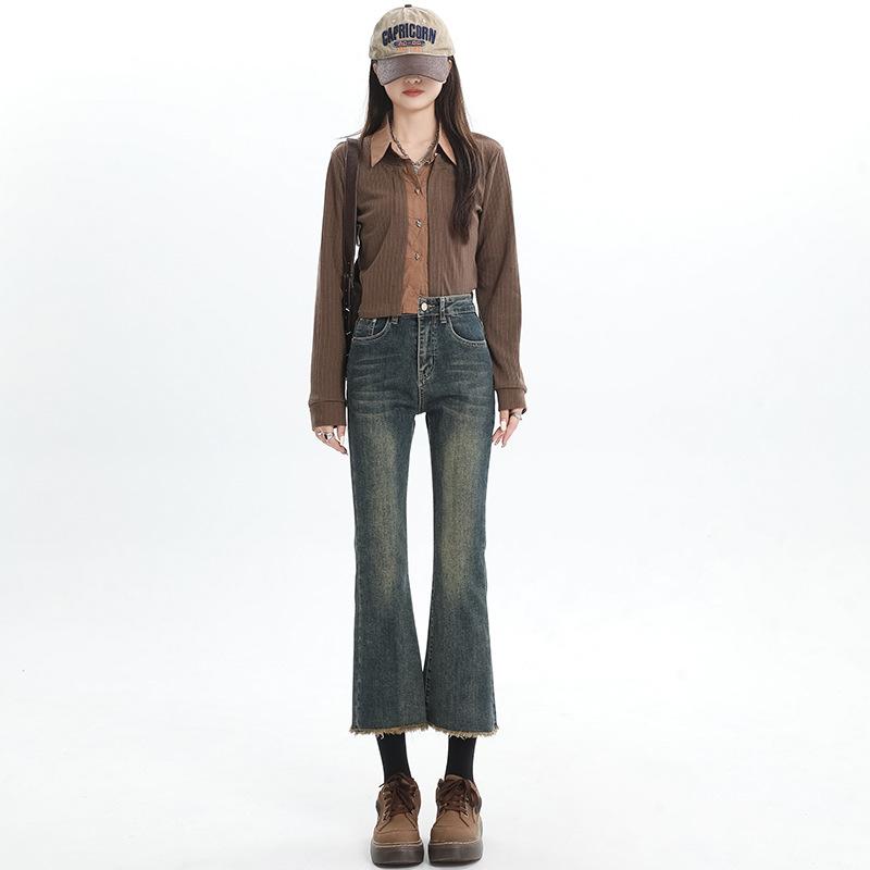 Retro blue denim micro-pull pants women's winter new versatile characteristic rough edge pants flared pants