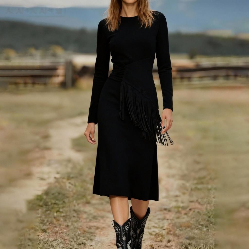Women's Color Suede Retro Western Round Neck Slim Fit Long Sleeved Fringe Dress