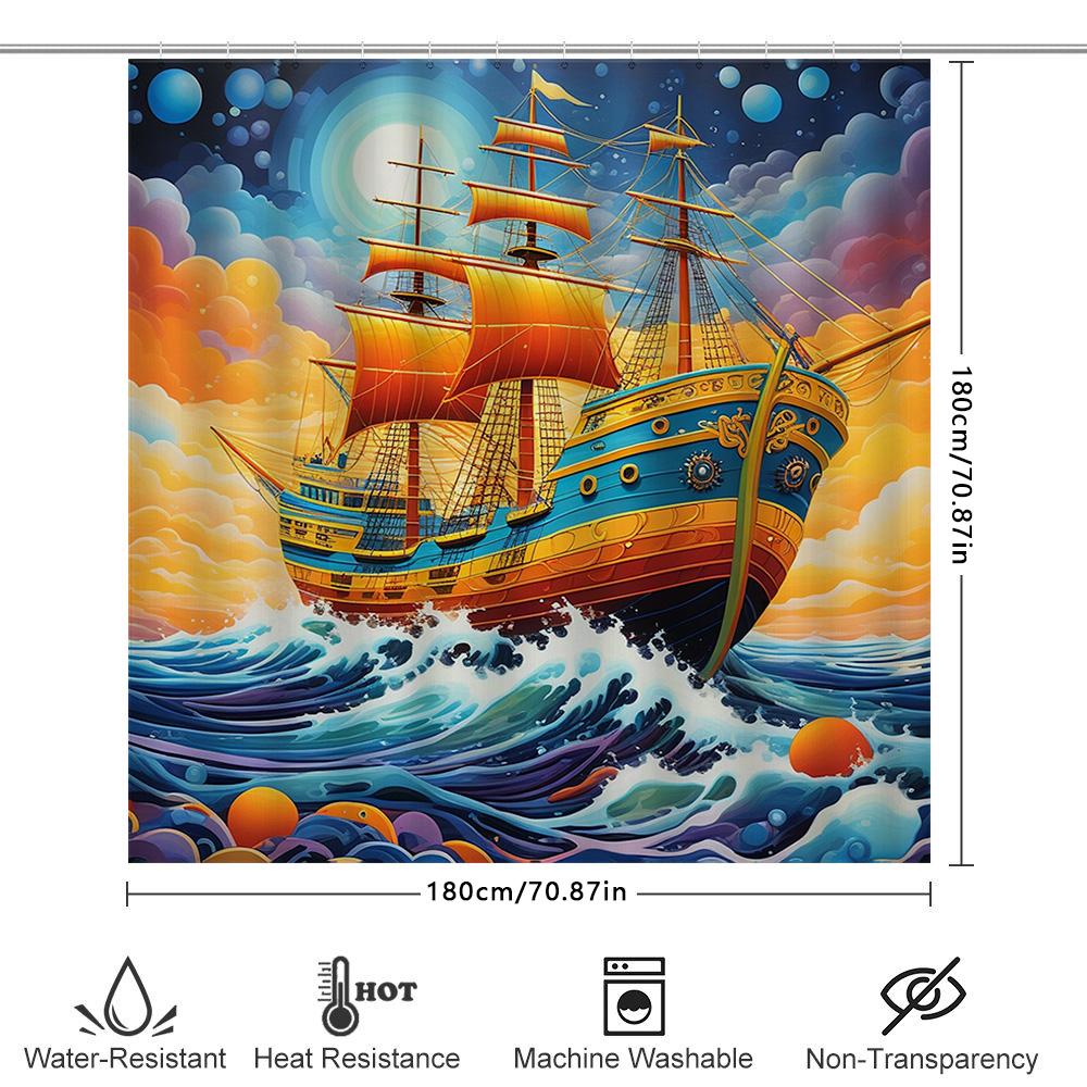 Exotic Ocean Adventure Shower Curtain Multicolored Sailboat Print For Bathroom Decor Fabric Durable Waterproof Home Decoration I