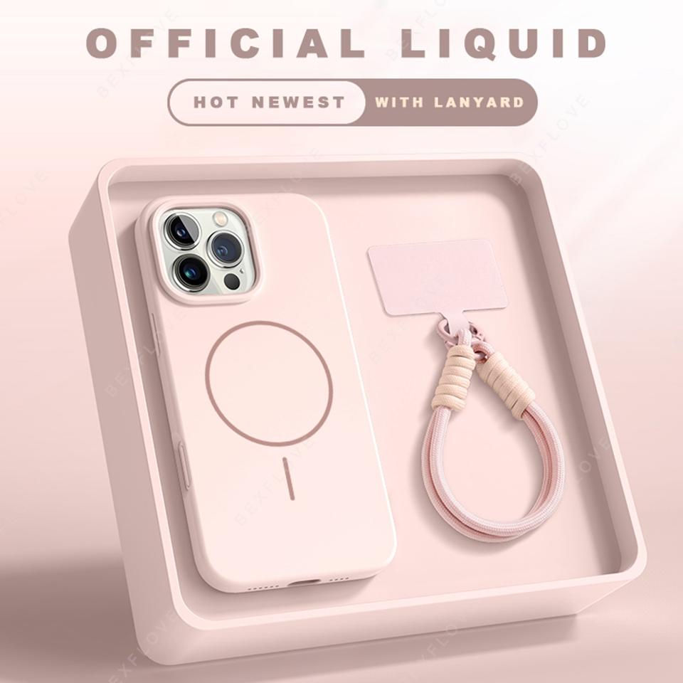 Official Lanyard Magnetic Phone Case For iPhone 15 14 16 Plus 11 12 13 16 Pro Max Silicone Magsafe Strap Protector Soft Cover