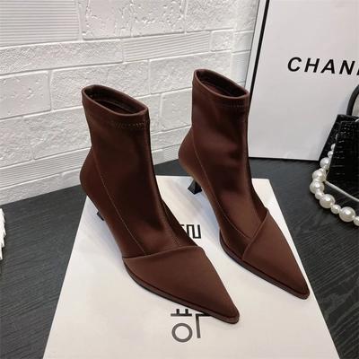 Damenschuhe Elegante Hohe Dünne Ferse Neue Satin Spitz Zehe Kurze Stiefel Frauen Stretchce Temperament Stiefeletten Kurze Eleganz