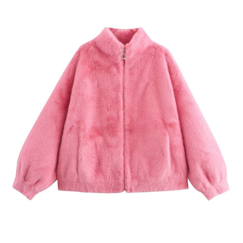 Kaslead New Arrival Women's Clothing Fashion Style Fur Integrated Stand Collar Short Zipper Jacket Outwear