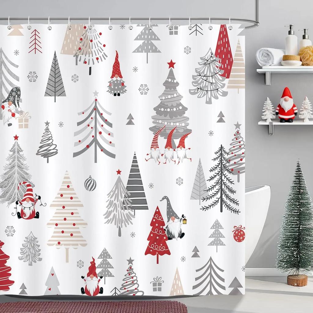 GAEChristmas Shower Curtain, Red Gnomes Xmas Tree Snowflake Winter Holiday Bathroom Decor Polyester Fabric Waterproof Bath Cur