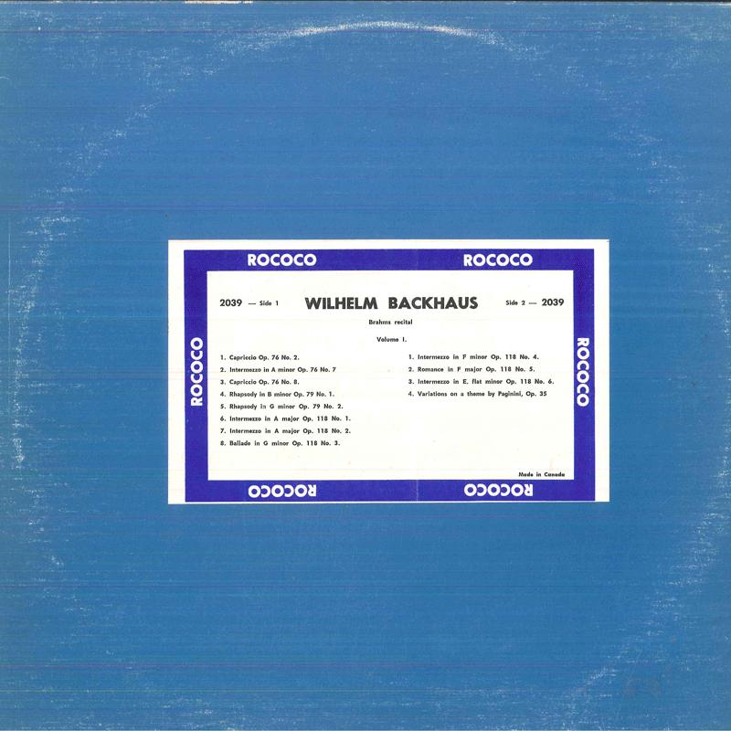 

LP Record WILHELM BACKHAUS - Brahms Recital Vol 1 2039 ROCOCO Canada Classical Used
