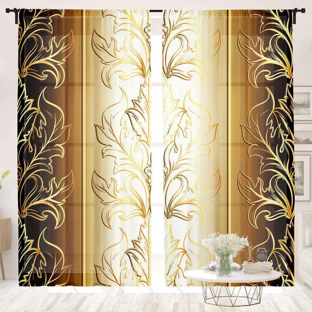 2 stk., gullfargede gardiner med nordisk bladtrykk - semi-mørkleggende - egnet for stue, soverom, kjøkken, hjemmedekorasjon
