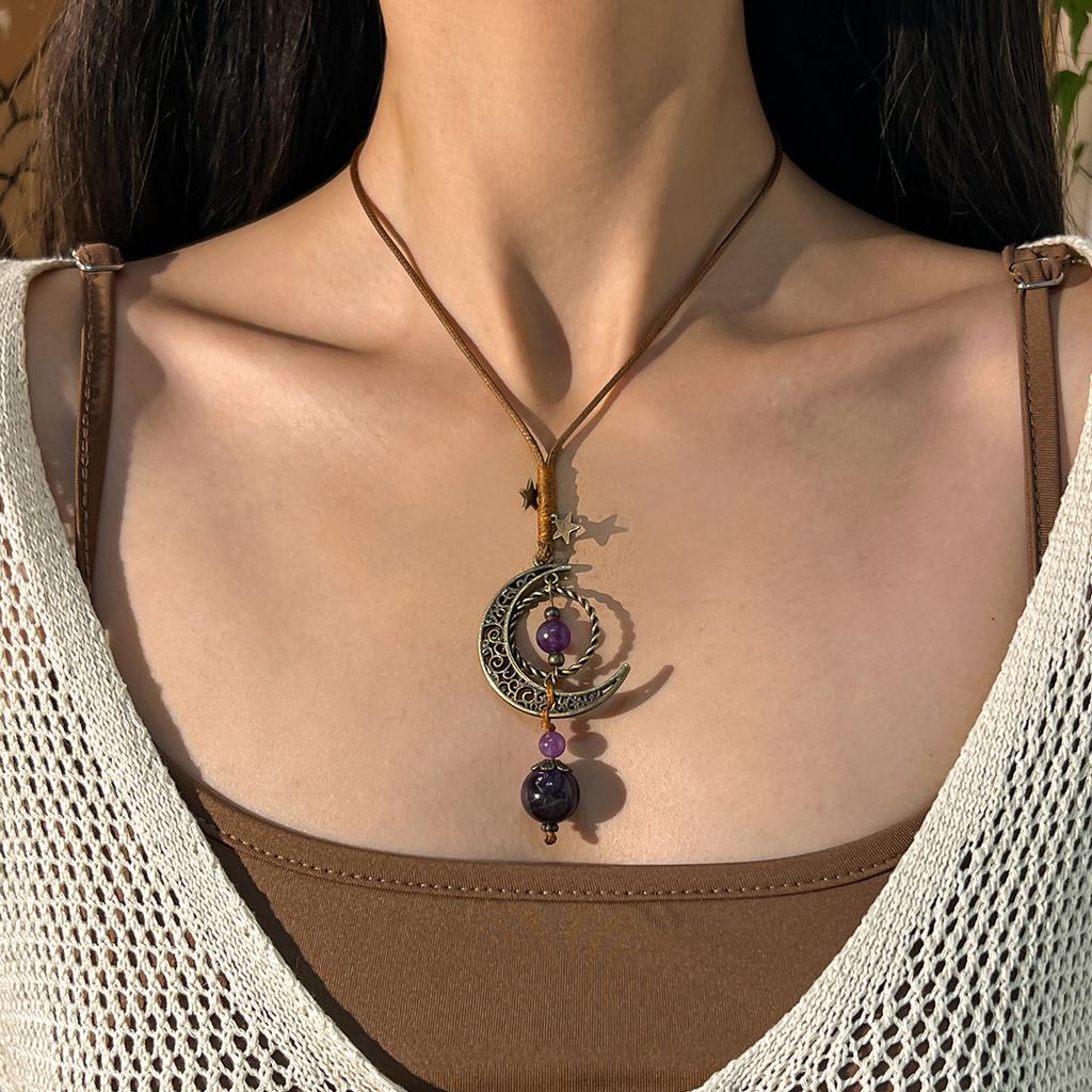 Fashion Ethnic Style Hollow Moon Fringed Necklace, Retro Temperament Round Bead Long Collarbone Chain Woman