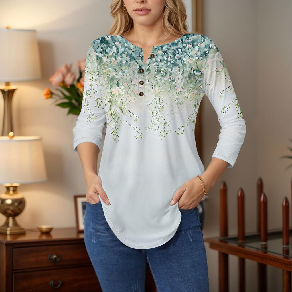 3/4 Length Sleeve Womens Tops Summer T-Shirts Floral Print V Neck Casual Basic Tee Button Shirts Tunic Tops