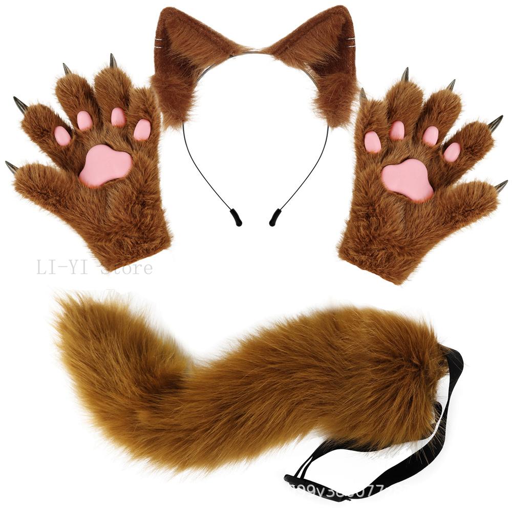 4 Stuks/Set Pluche Vos Oren Staart Donsige Kat Poot Handschoenen Met Nagels Dierlijke Oren Halloween Kostuum Accessoires Vlezige Kitsune Cosplay Set as show brown