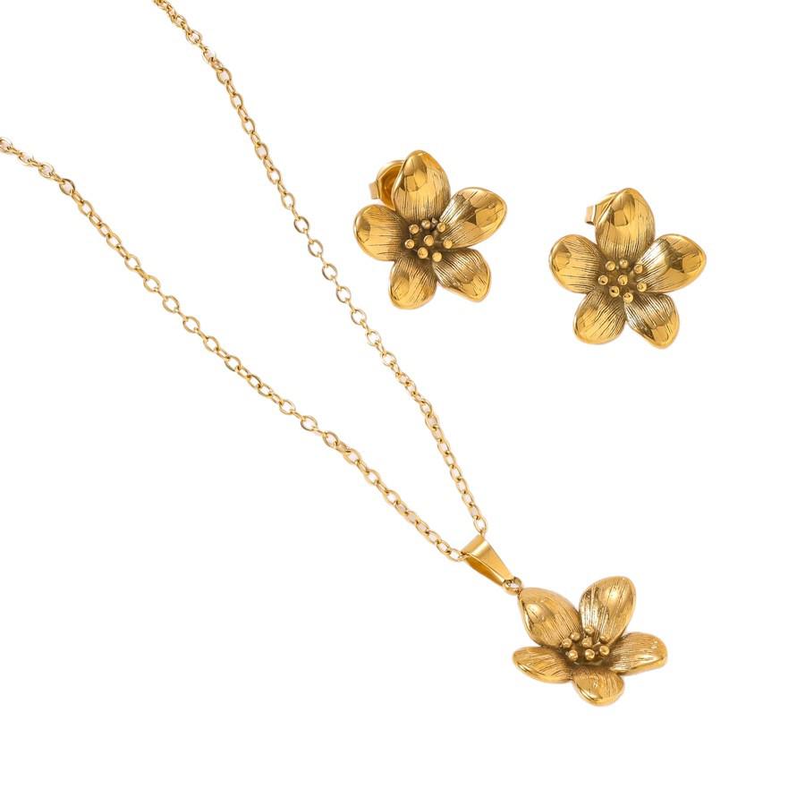 Elegant 18K Gold & Stainless Steel Five-Petal Flower Pendant Necklace & Earring Set for Women