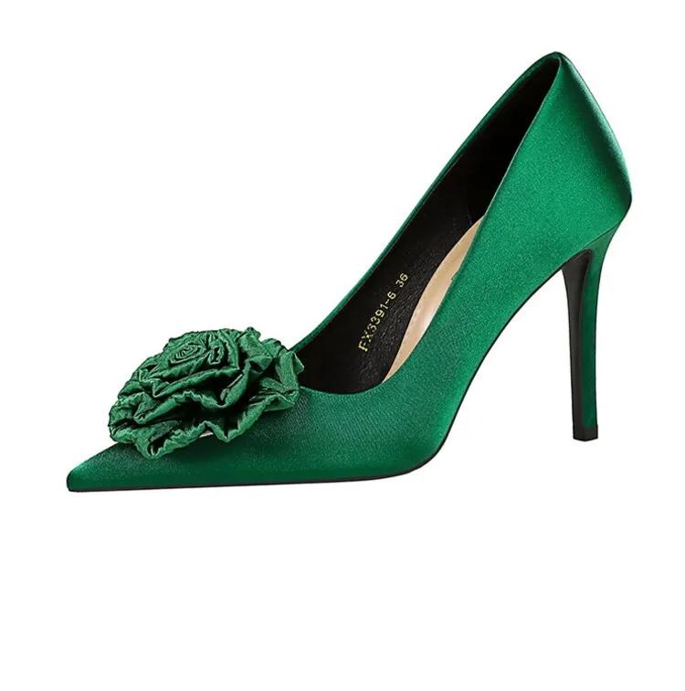 Fashion Silver Gold Flower Stone Patterned High-heeled Shoes European American Pointed Fashion Shopping Party Commuting Single Shoes 43