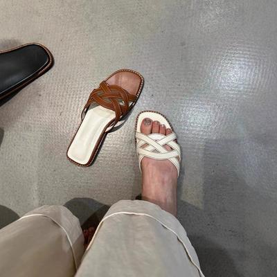 Sheep Pattern Version~ Leather Pattern Retro Hollow Woven One-word Drag Fashionable Casual Versatile Outer Wear Beach Vacation Cool Slippers