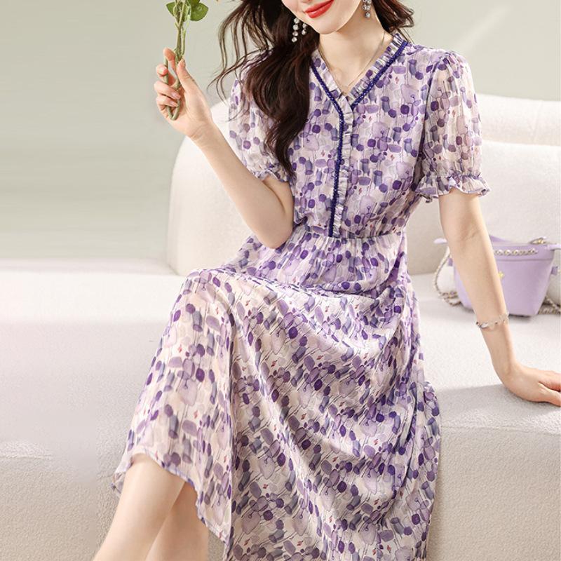 New Summer Designer V-neck Waist-closed Imitation Mulberry Silk Commuting Dress
