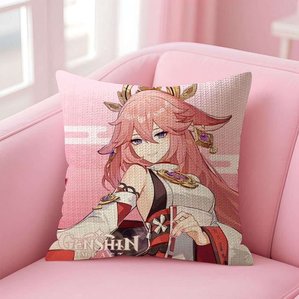 Genshin Impact Yae Miko Cushion Cover Natural Linen Pillow Case Double-Sided Print Decorative Sofa Pillowcase Home Decor Gift