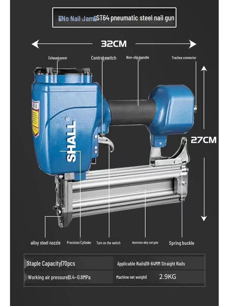 Powerful Pneumatic F30 Brad Nailer - No Jam, Continuous Fire for Woodworking