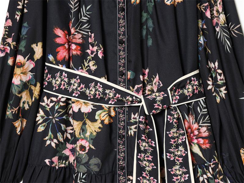 Spring 2026 European & American Style Women's Waist Tie Long Sleeve Printed Dress
