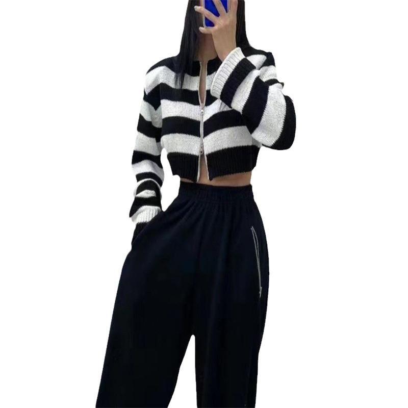 Striped Color Blocked Short Knitted Cardigan Autumn and Winter Round Neck Zipper Sweater
