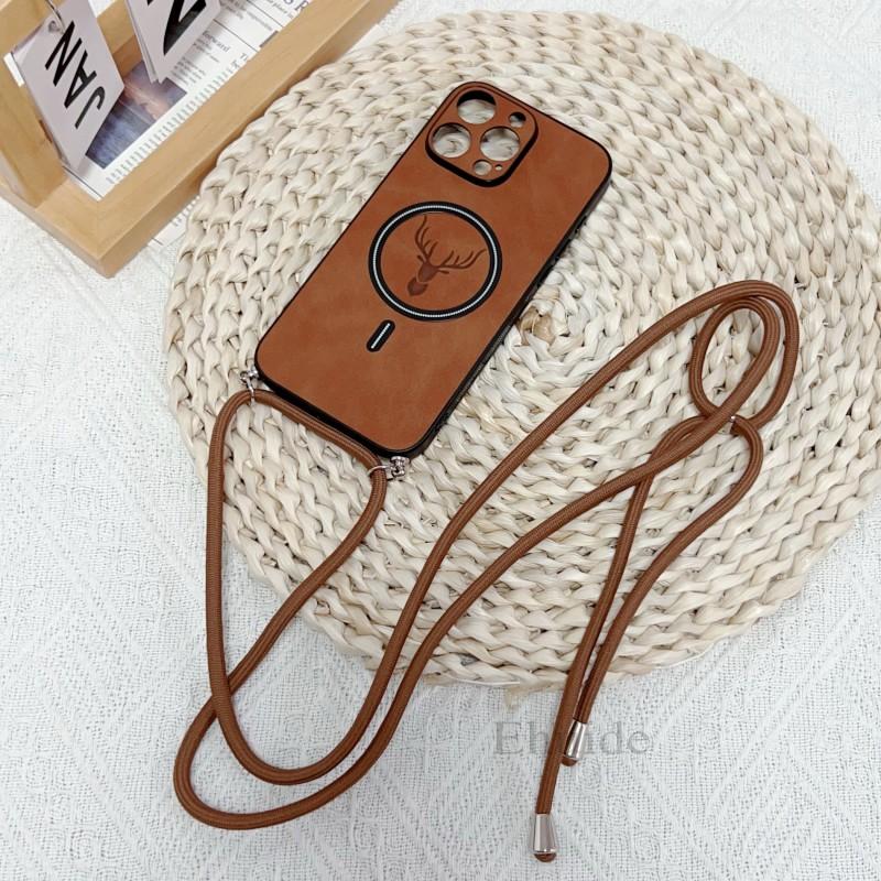 

Crossbody Lanyard Case For iPhone 17 16 Pro Max 16E 11 12 13 14 15 Plus for Magsafe Magnetic Strap PU Leather Deer Soft Cover for iPhone 17Pro Max&Case & Strap